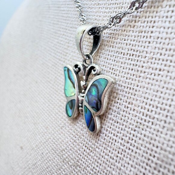 VTG Sterling Silver 925 Abalone Butterfly Pendant Necklace Size 18" Adjustable - Picture 4 of 14
